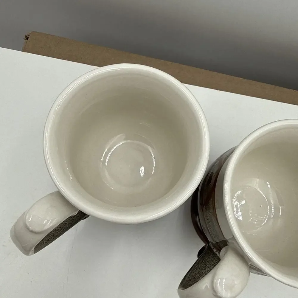 2 Vtg Stoneware Pottery Glaze Footed Brown & Greenish Gray Studio Clay Mugs Read